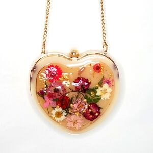 Heart Shaped Pressed Flower Resin Purse Chain Strap Wearable Art Clutch Bella